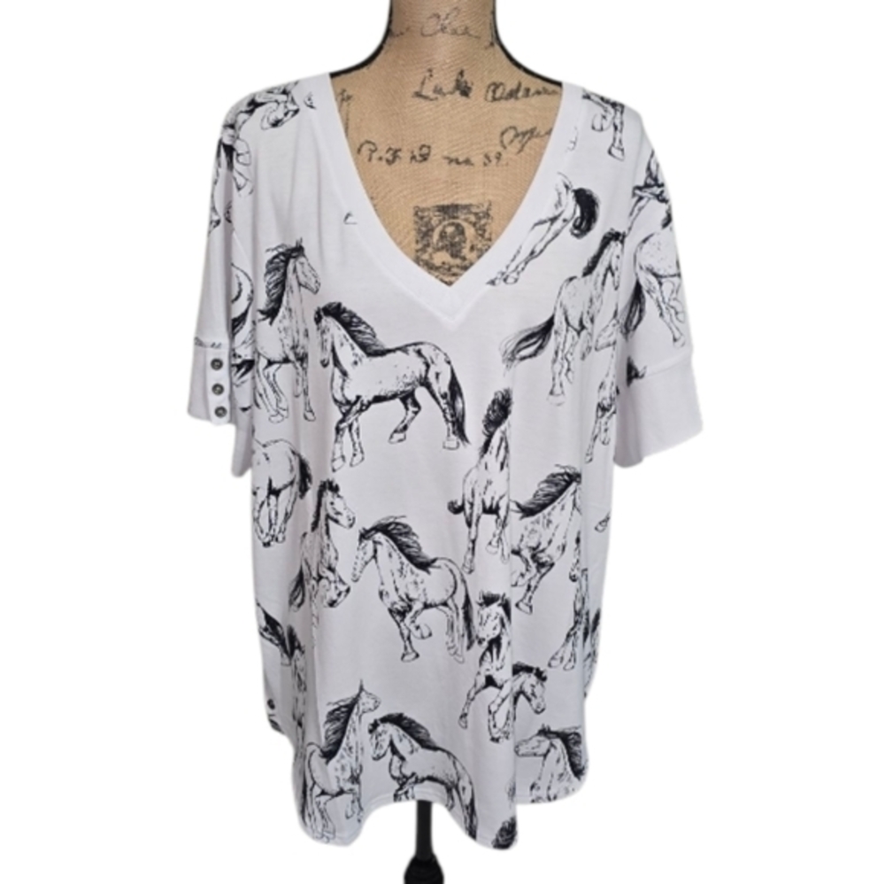 Jane & Delancey Black White Horse Print V-Neck Comfy Shirt Tunic Plus Size 3X